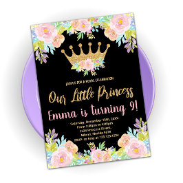 Rosa Black Glitter Princess Birthday Bjud Inbjudningar