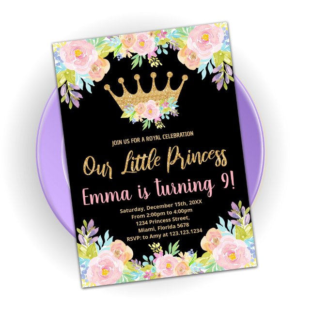 Rosa Black Glitter Princess Birthday Bjud Inbjudningar (Skapare uppladdad)