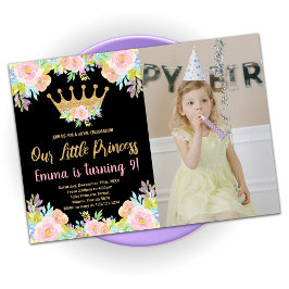 Rosa Black Glitter Princess Birthday med foto Inbjudningar