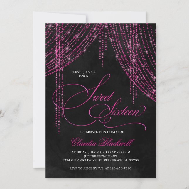 Rosa Black Glitter Sweet 16 Birthday Inbjudningar (Framsida)