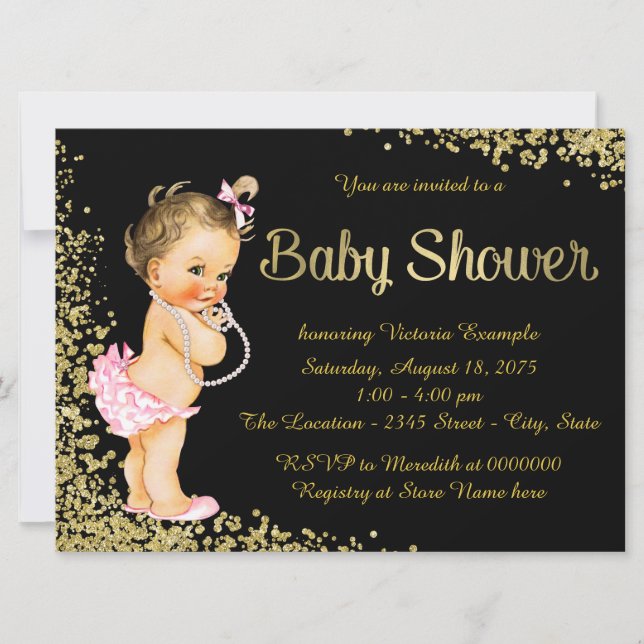 Rosa Black Gold Foil Glitter Girl Baby Shower Inbjudningar (Framsida)