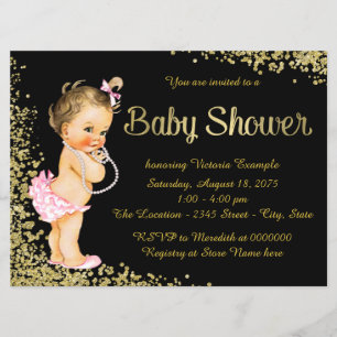 Rosa Black Gold Foil Glitter Girl Baby Shower Inbjudningar