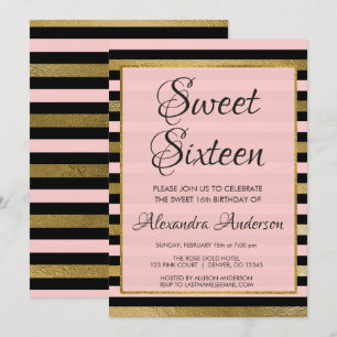 Rosa Black Gold Foil Rand Sweet 16 Birthday Inbjudningar