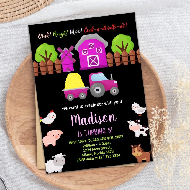 Rosa Black Grönt Boskap Birthday-inbjudningar Inbjudningar (Pink Black Green Farm Animals Birthday Invitations)