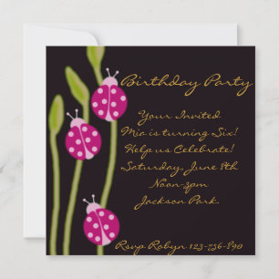 Rosa Black & Grönt ladybug Birthday-inbjudan Inbjudningar
