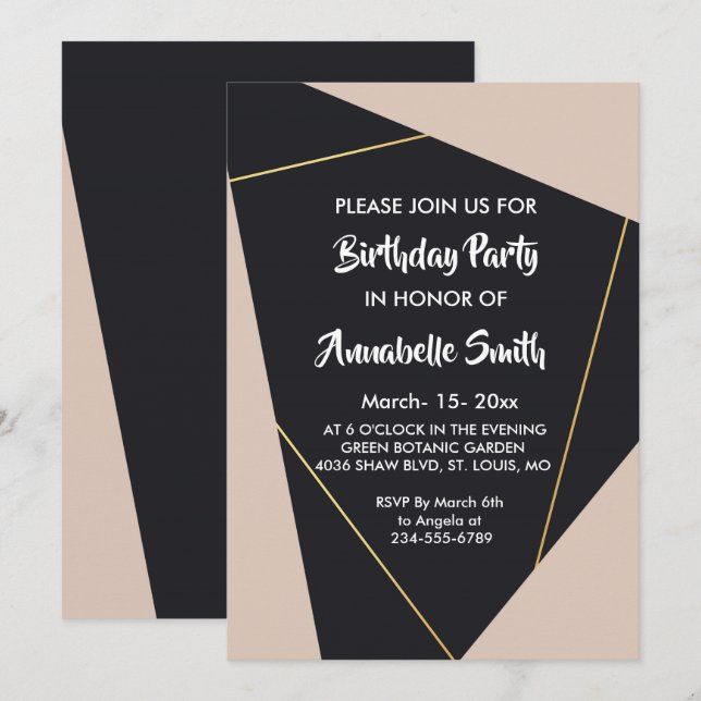 Rosa Black & guld geometric Birthday Inbjudningar (Fram/baksida)