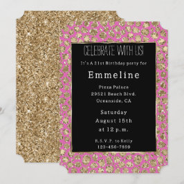 Rosa Black Guld Glam Glitter Leopard Inbjudningar