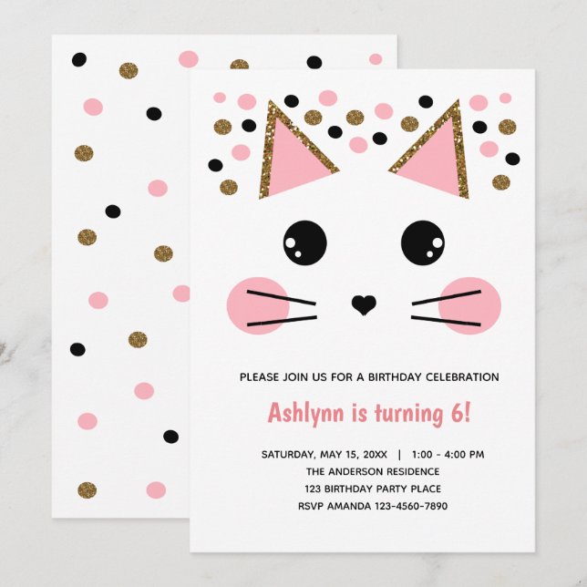 Rosa Black Guld Glitter Kat Birthday Inbjudningar (Fram/baksida)