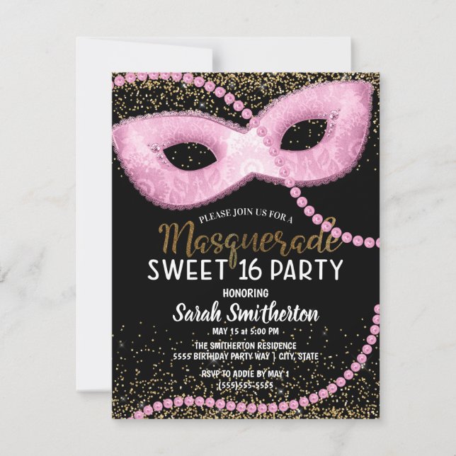 Rosa Black Guld Glitter Masquerad Sweet 16 Inbjudningar (Framsida)