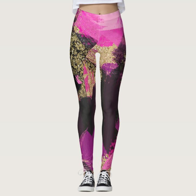 Rosa Black Guld Glitter Modern Push Glam Grunge Leggings (Framsida)