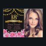 Rosa Black Guld Modern 18:e Födelsedagsfesten Inbjudningar<br><div class="desc">Flickor 18:e födelsedagsfest inbjudan med vackert antal guld och banderoller med söt rosa och guld blommigt bakgrund. Den här eleganten är den 18:e födelsedagsfest inbjudan som du enkelt kan anpassa för evenemanget genom att helt enkelt lägga till din foto- och händelseinformation i det teckensnitt du föredrar i stil. Du kan...</div>