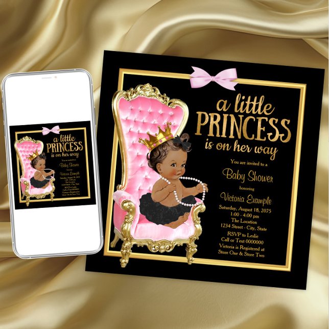 Rosa Black Guld Ordförande Etniska prinsessan Baby Inbjudningar (Pink princess baby shower invitation. Instant download and printed invitations available.)