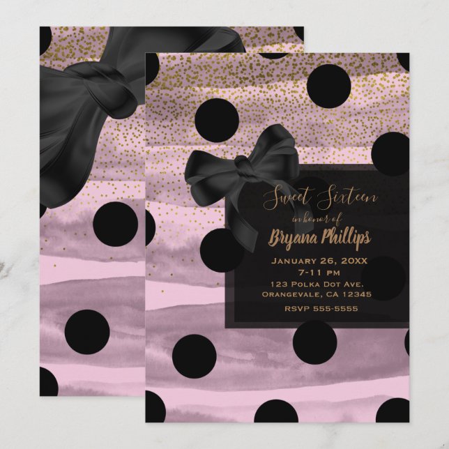 Rosa Black & Guld Polka dots Chic Bow Glam Party Inbjudningar (Fram/baksida)
