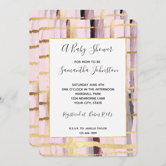 Rosa Black Guld Rand Baby Shower Inbjudningar (Fram/baksida)