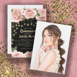 Rosa Black Guld String Light Star Quinceañera Inbjudningar