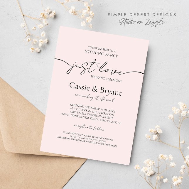  Rosa & Black Just Kärlek Modern Script Bröllop Inbjudningar (Minimal Blush Pink Wedding Invitation with Modern Script and Simple Typography)