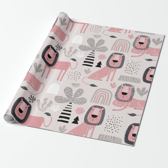 Rosa Black Lejon Boho Modern Baby Kids Presentpapper (Utrullad)