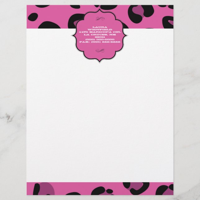 Rosa Black Leopard Cheetah Letterhead Stationery Brevhuvud (Framsida)