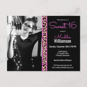 Rosa & Black Leopard Photo Sweet 16-inbjudan Vykort