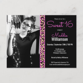 Rosa & Black Leopard Photo Sweet 16-inbjudan Vykort