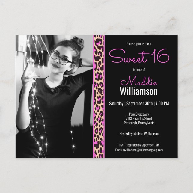 Rosa & Black Leopard Photo Sweet 16-inbjudan Vykort (Framsida)