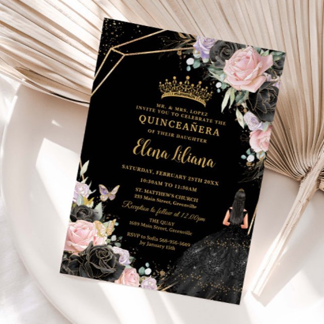 Rosa Black Lila Ro Dress Guld Quinceañera XV Inbjudningar (Skapare uppladdad)