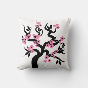 Rosa Black Love birds sakura cherry träd blommar Kudde