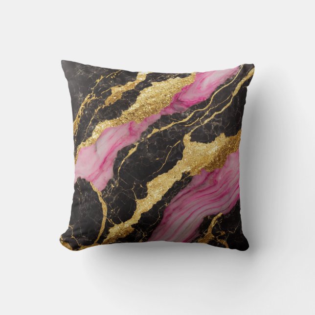 Rosa Black Marble Mönster med Guld Kudde (Framsida)