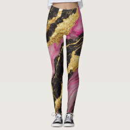 Rosa Black Marble Mönster med Guld Leggings