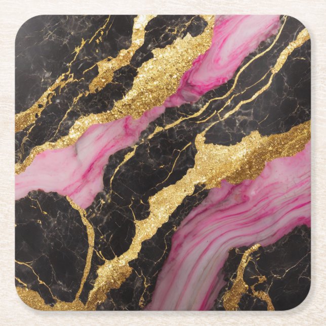 Rosa Black Marble Mönster med Guld Underlägg Papper Kvadrat (Framsidan)