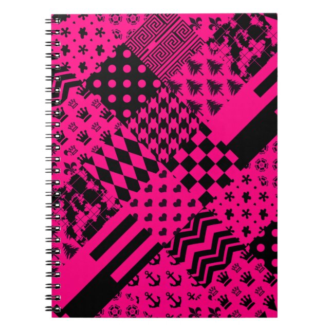 Rosa Black Mixed Mönster Patchwork Design Anteckningsbok (Framsidan)