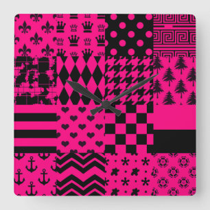Rosa Black Mixed Mönster Patchwork Design Fyrkantig Klocka