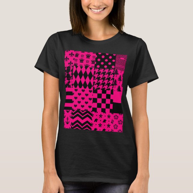 Rosa Black Mixed Mönster Patchwork Design T Shirt (Framsida)