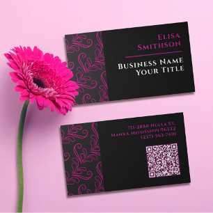 Rosa & Black Modern Elegant Girly Damask-mönster Visitkort