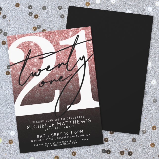 Rosa Black Modern Glitter 21:a födelsedagen Inbjudningar (Pink Black Modern Glitter 21st Birthday Invitation )