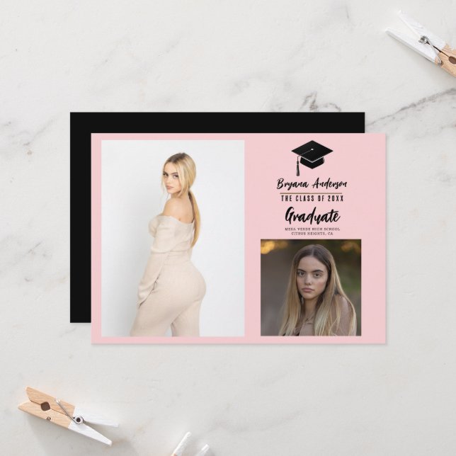 Rosa Black Modern Studenten 2-fotomeddelande Inbjudningar (Fram/Back In Situ)