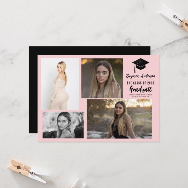 Rosa Black Modern Studenten 4 fotomeddelande Inbjudningar (Fram/Back In Situ)