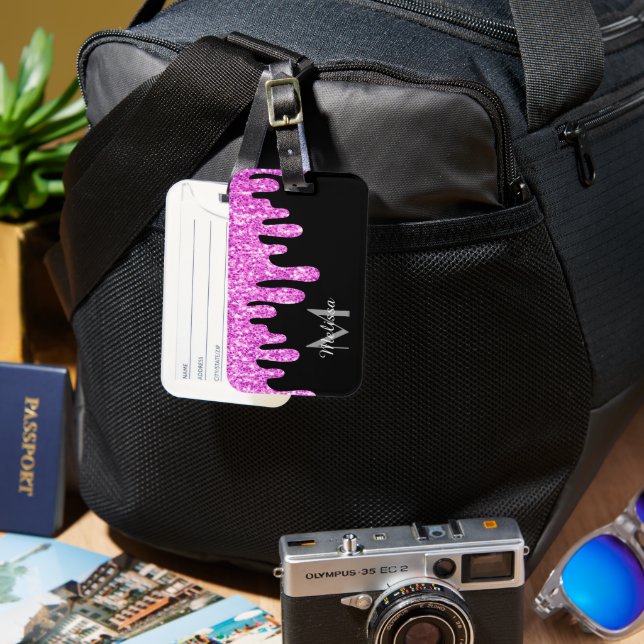 Rosa Black Monogram med skjutreglaget Glitter Bagagebricka (Framsida & Baksida)