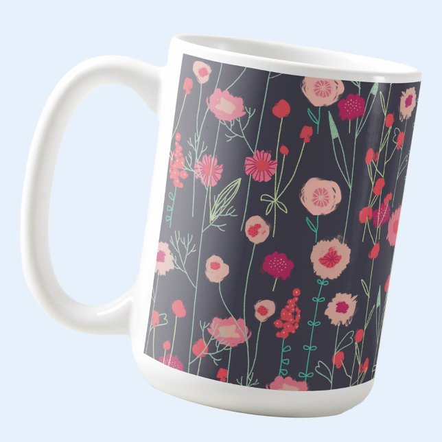 Rosa Black Mörk Boho Blommigt Kaffemugg (Boho floral pink and charcoal gray coffee mug)