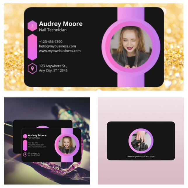 Rosa & Black Nail-tekniker Visitkort (Pink & Black Nail Technician Business Card)
