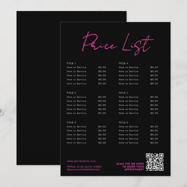 Rosa & Black Neon Pris List Menu QR-kod (Fram/baksida)