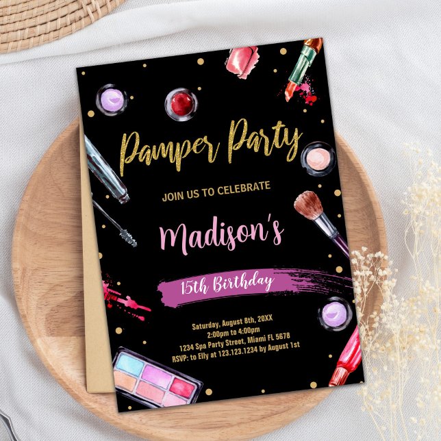 Rosa Black Pamper Party Birthday-inbjudan Inbjudningar (Pink Black Pamper Party Birthday Invitations)