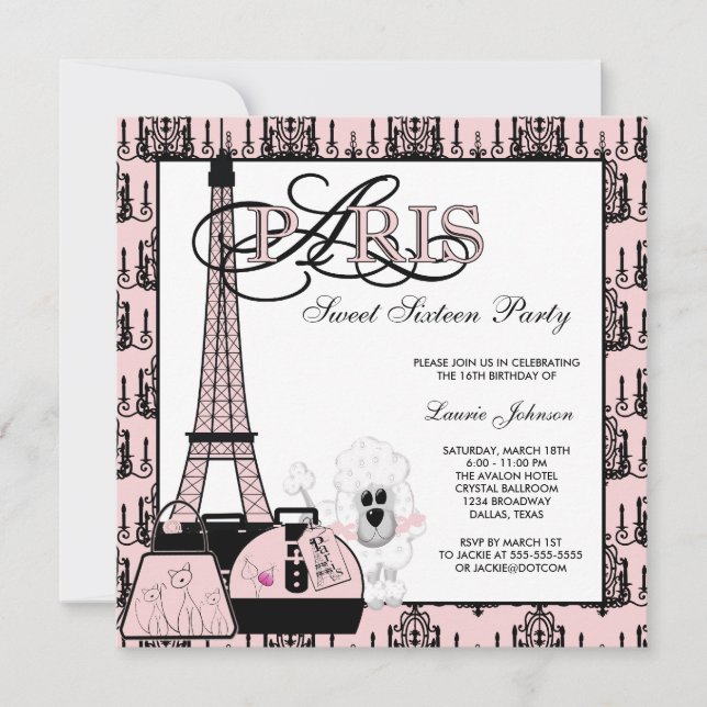 Rosa Black Paris Chandelier Sweet sixteen Party Inbjudningar (Framsida)