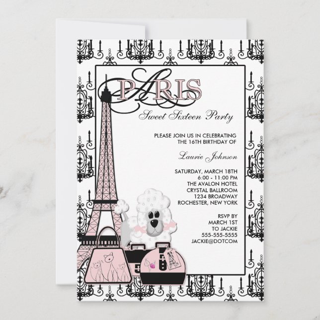 Rosa Black Paris Chandelier Sweet sixteen Party Inbjudningar (Framsida)