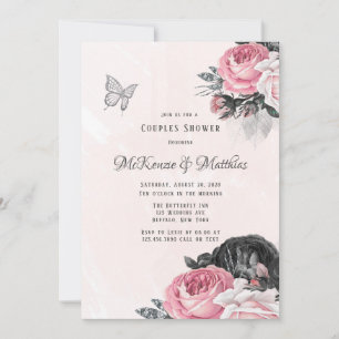 Rosa Black Peony Silver Butterfly Par Shower Inbjudningar