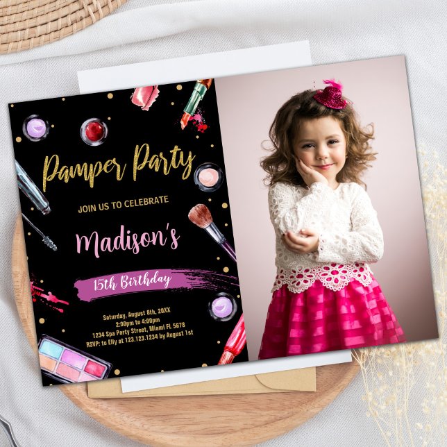 Rosa Black Photo Pamper Party Birthday-inbjudninga Inbjudningar (Pink Black Photo Pamper Party Birthday Invitations)