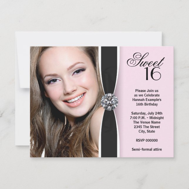 Rosa Black Photo Sweet 16 Födelsedagsfester Inbjudningar (Framsida)