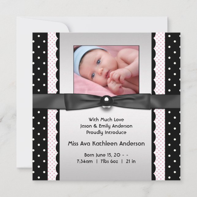 Rosa Black Polka Dot Girl Birth Notice Meddelande (Framsida)