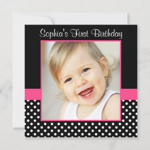 Rosa Black Polka Dot Girl Photo 1st Birthday Party Inbjudningar