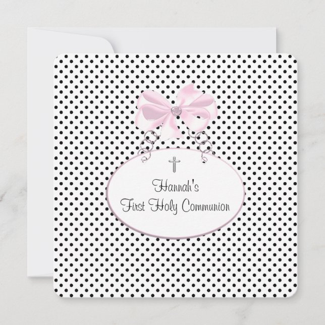 Rosa Black Polka Dot Kor Girls First Communion Inbjudningar (Framsida)